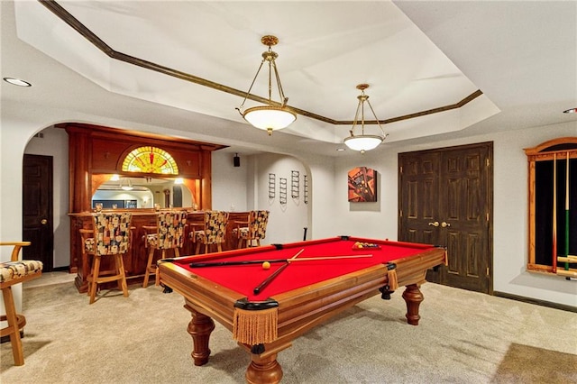 playroom with indoor bar, pool table, a raised ceiling, and carpet flooring