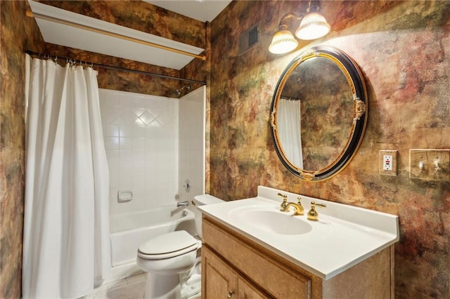 full bathroom featuring shower / tub combo with curtain, vanity, tile patterned flooring, and toilet