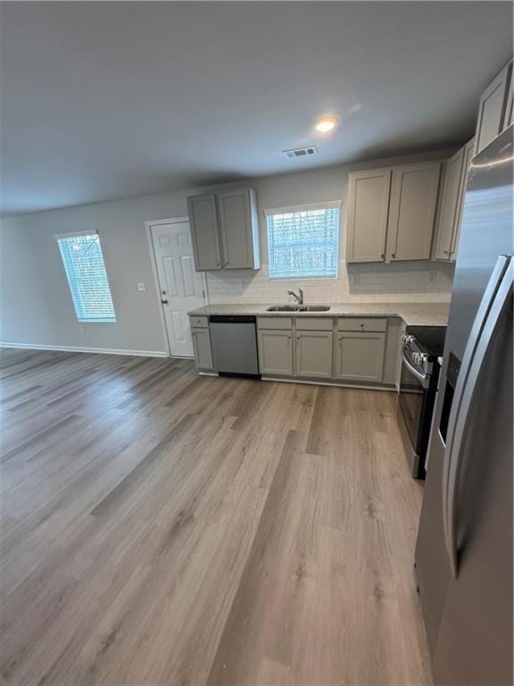 kitchen featuring stainless steel appliances, gray cabinetry, a sink, and healthy amount of natural light