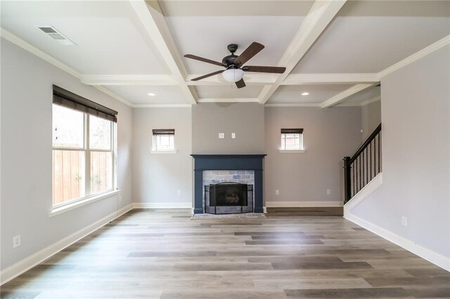 unfurnished living room featuring visible vents, a ceiling fan, beam ceiling, and a healthy amount of sunlight