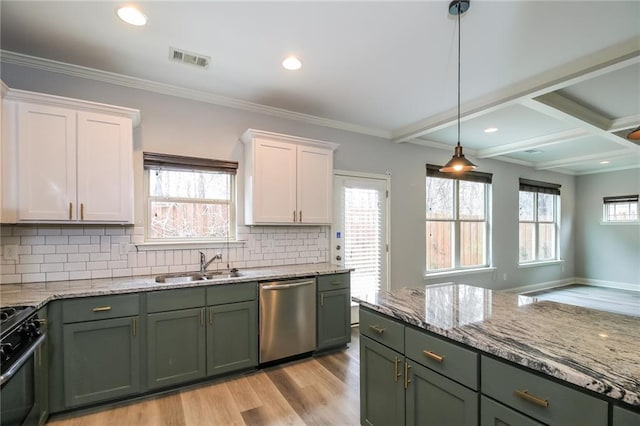 kitchen with black electric range, green cabinets, dishwasher, and a sink