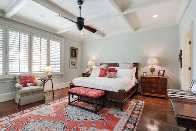 bedroom featuring coffered ceiling, crown molding, dark hardwood / wood-style floors, ceiling fan, and beam ceiling