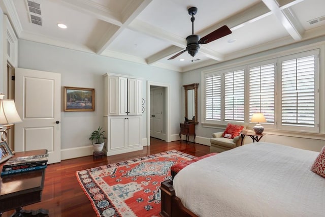 bedroom with coffered ceiling, ceiling fan, and dark wood-type flooring