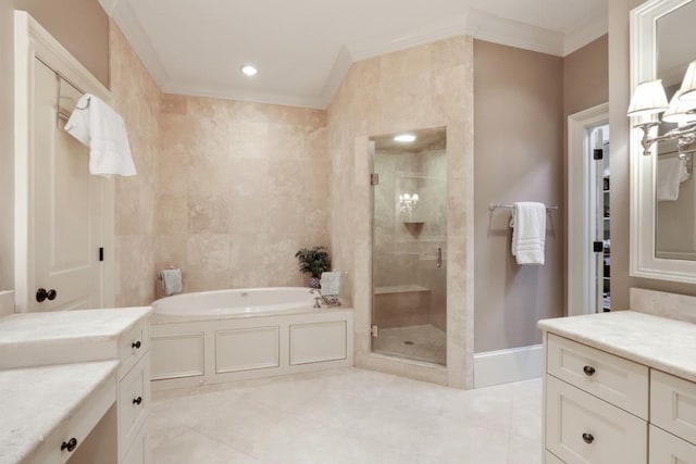 bathroom featuring tile walls, vanity, tile flooring, and independent shower and bath