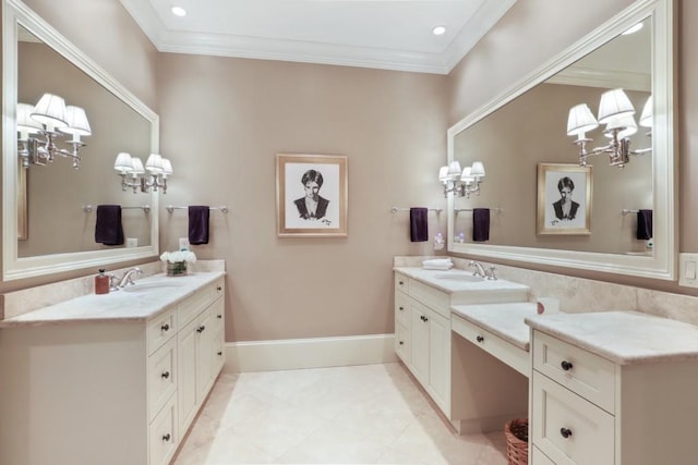 bathroom with tile floors, oversized vanity, dual sinks, and ornamental molding