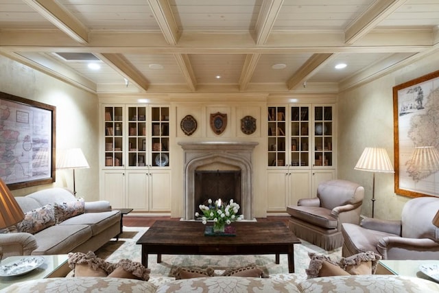 living room featuring crown molding, beamed ceiling, and hardwood / wood-style flooring