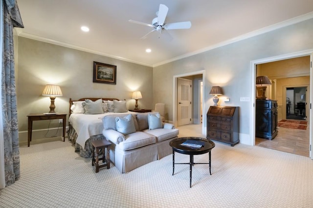 tiled bedroom with ornamental molding and ceiling fan