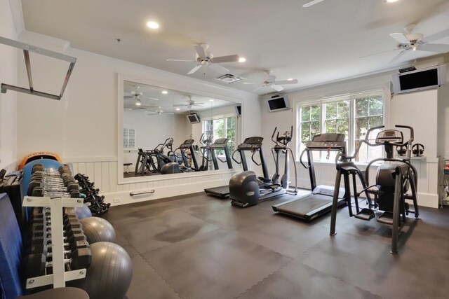 workout area with ceiling fan and ornamental molding