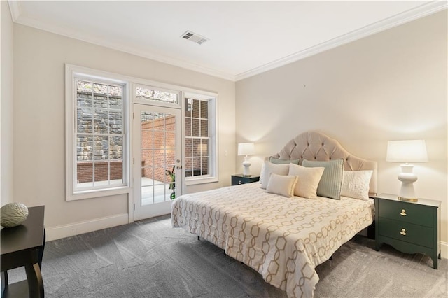 carpeted bedroom featuring ornamental molding