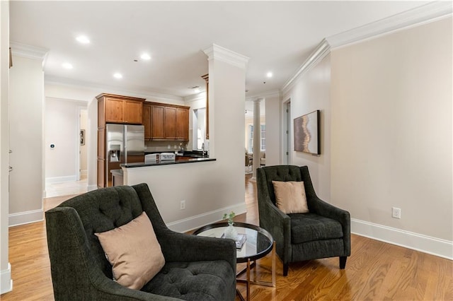 living area featuring light hardwood / wood-style flooring and ornamental molding