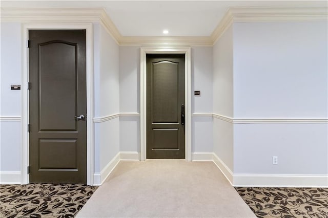 corridor featuring light colored carpet and crown molding