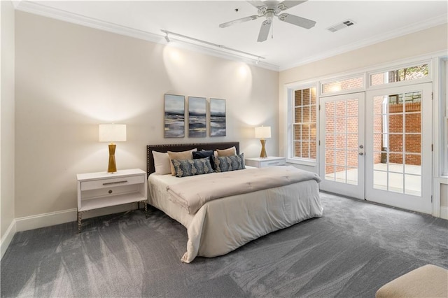 carpeted bedroom with ceiling fan, crown molding, access to outside, and french doors