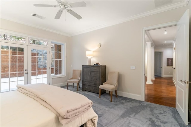 carpeted bedroom with access to outside, ceiling fan, french doors, and ornamental molding