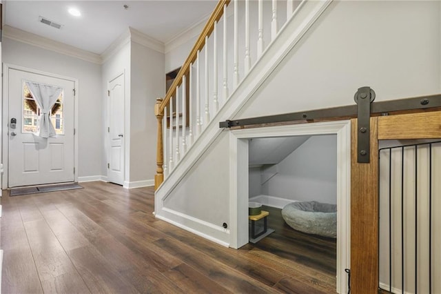 1244 Harris Commons Pl, Roswell, GA 30076 - entryway featuring ornamental molding, wood finished floors, and stairs