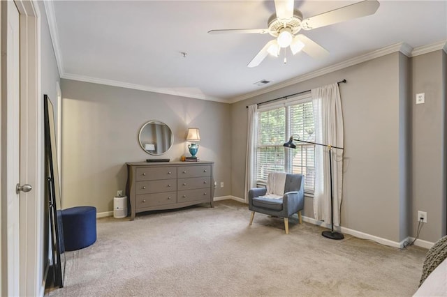 1244 Harris Commons Pl, Roswell, GA 30076 - living area with crown molding, carpet floors, and ceiling fan