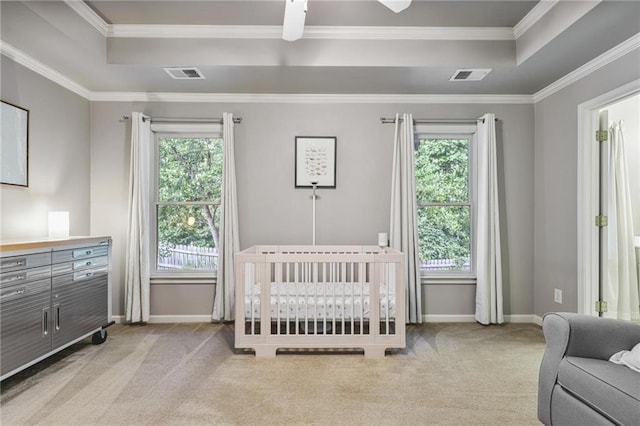 1244 Harris Commons Pl, Roswell, GA 30076 - bedroom featuring multiple windows, carpet floors, crown molding, a raised ceiling, and a ceiling fan
