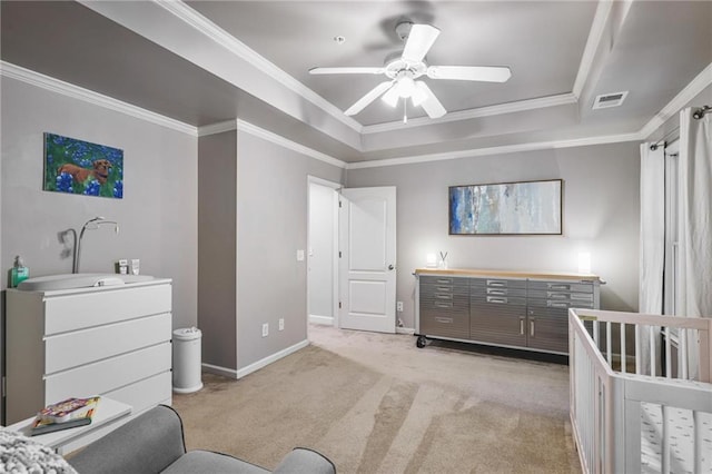 1244 Harris Commons Pl, Roswell, GA 30076 - bedroom with a tray ceiling, light carpet, ornamental molding, and ceiling fan