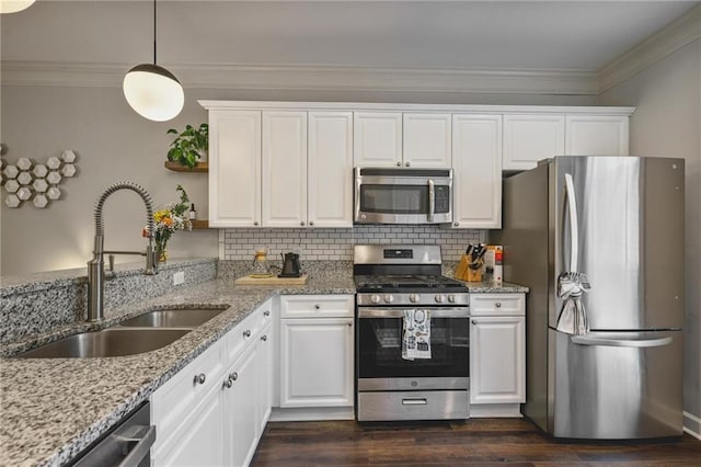 1244 Harris Commons Pl, Roswell, GA 30076 - kitchen featuring stainless steel appliances, open shelves, white cabinetry, and ornamental molding