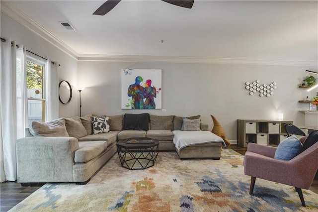 1244 Harris Commons Pl, Roswell, GA 30076 - living room featuring ceiling fan, crown molding, and wood finished floors