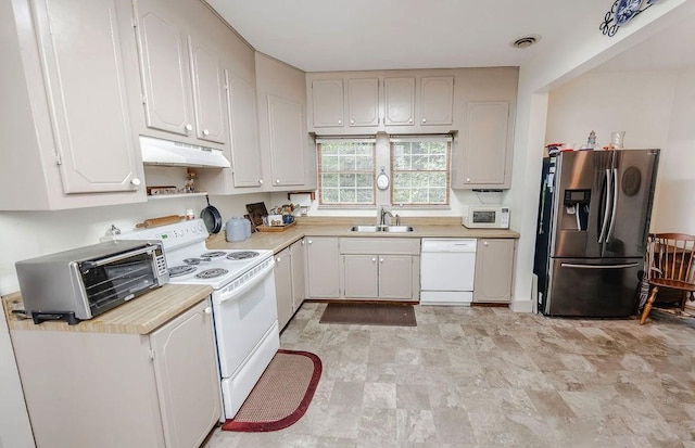 970 E Main St, Canton, GA 30114 - kitchen with light countertops, visible vents, a sink, white appliances, and under cabinet range hood
