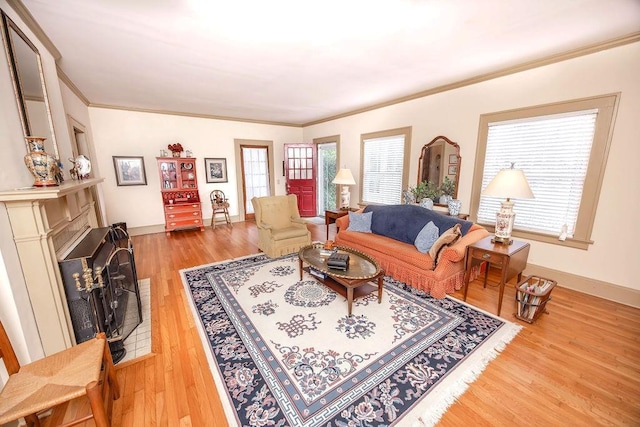 living room with ornamental molding, a wealth of natural light, a fireplace, and wood finished floors