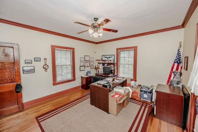 970 E Main St, Canton, GA 30114 - office space with a ceiling fan, light wood-type flooring, crown molding, and baseboards