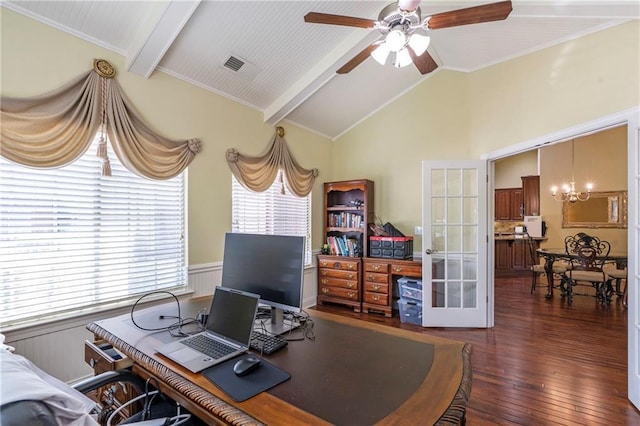 office space with plenty of natural light, lofted ceiling with beams, ceiling fan with notable chandelier, and hardwood / wood-style floors
