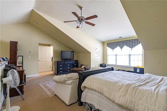 bedroom with ceiling fan, visible vents, baseboards, lofted ceiling, and light carpet