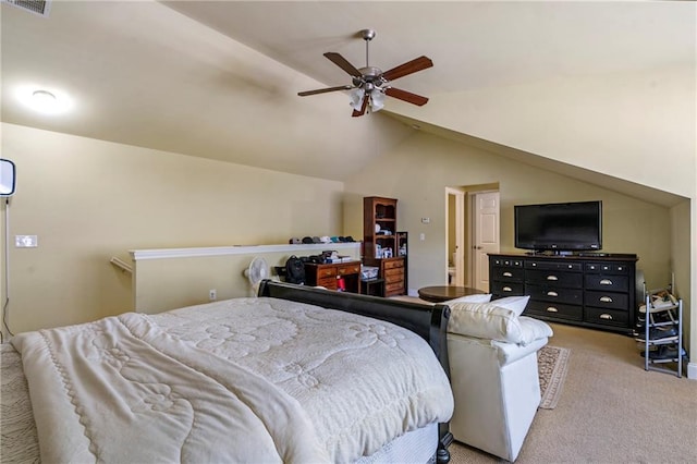 bedroom featuring visible vents, ceiling fan, light colored carpet, and lofted ceiling