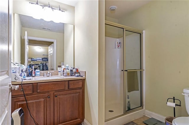 bathroom featuring baseboards, a shower stall, toilet, and visible vents