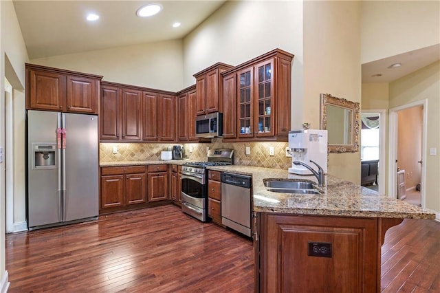 kitchen featuring appliances with stainless steel finishes, a sink, high vaulted ceiling, a peninsula, and dark wood-style floors