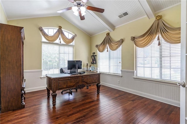 office space featuring visible vents, wainscoting, ceiling fan, hardwood / wood-style flooring, and lofted ceiling with beams