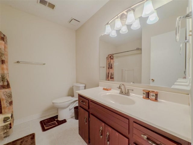 full bathroom with toilet, vanity, curtained shower, tile patterned floors, and baseboards