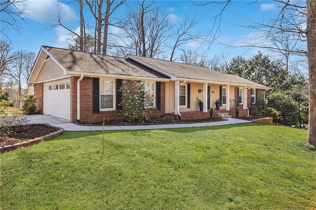 ranch-style home with brick siding, concrete driveway, an attached garage, board and batten siding, and a front lawn