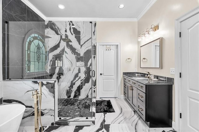 4670 Hamden Forest Dr SW, Atlanta, GA 30331 - full bath featuring ornamental molding, marble tiled floors, vanity, a marble finish shower, and a soaking tub