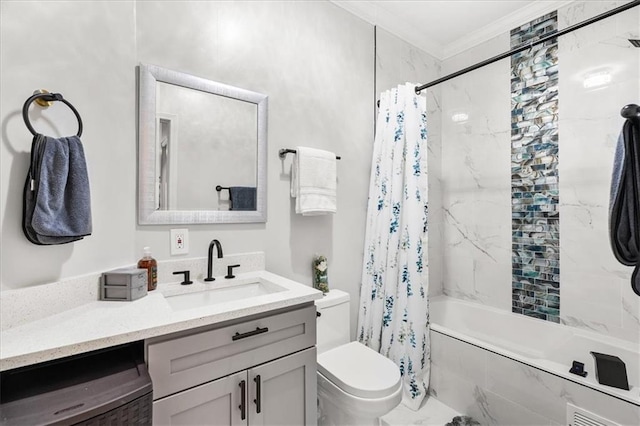 4670 Hamden Forest Dr SW, Atlanta, GA 30331 - full bath featuring vanity, shower / tub combo with curtain, toilet, and ornamental molding