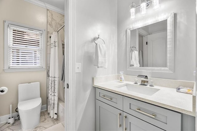 4670 Hamden Forest Dr SW, Atlanta, GA 30331 - bathroom with marble look tile flooring, vanity, toilet, curtained shower, and baseboards