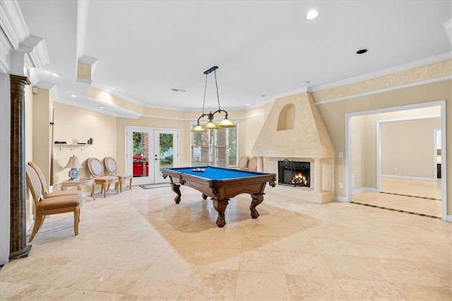 4670 Hamden Forest Dr SW, Atlanta, GA 30331 - rec room featuring french doors, billiards table, ornamental molding, a fireplace, and baseboards