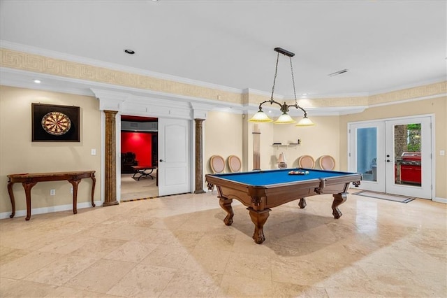 4670 Hamden Forest Dr SW, Atlanta, GA 30331 - playroom featuring crown molding, french doors, pool table, ornate columns, and baseboards