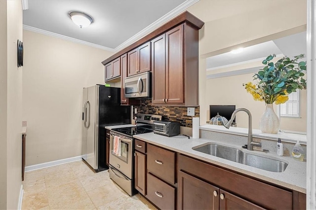 4670 Hamden Forest Dr SW, Atlanta, GA 30331 - kitchen featuring stainless steel appliances, a sink, ornamental molding, decorative backsplash, and light countertops