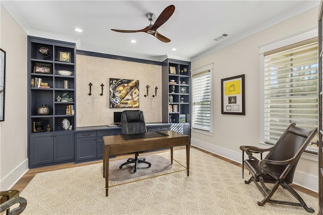 284 Hook St, Alpharetta, GA 30009 - home office with a ceiling fan, baseboards, ornamental molding, light wood-style flooring, and recessed lighting