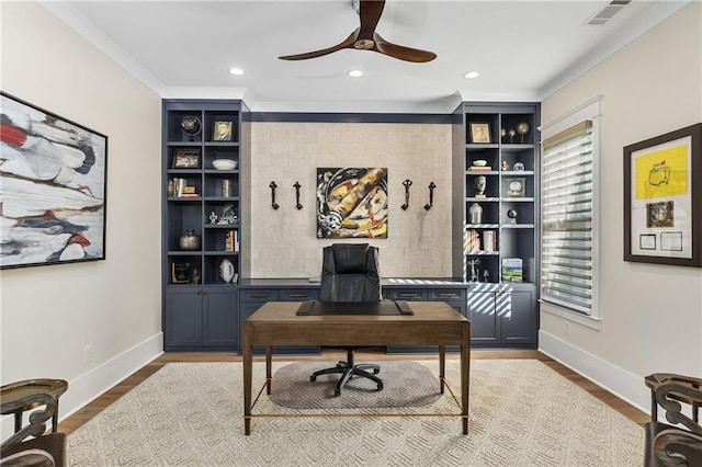 284 Hook St, Alpharetta, GA 30009 - office area with ceiling fan, ornamental molding, baseboards, recessed lighting, and wood finished floors