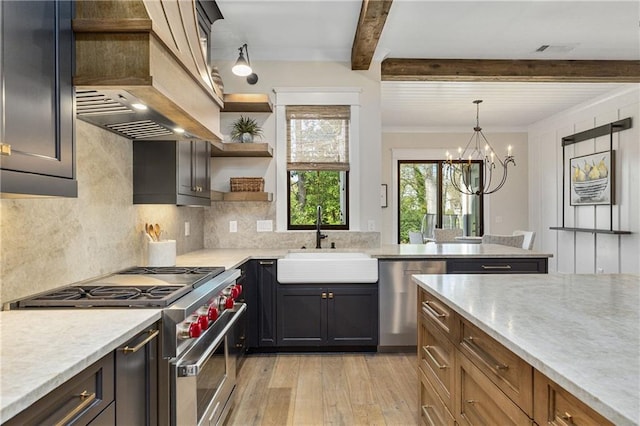 284 Hook St, Alpharetta, GA 30009 - kitchen featuring appliances with stainless steel finishes, a sink, custom exhaust hood, light wood-style flooring, and beam ceiling