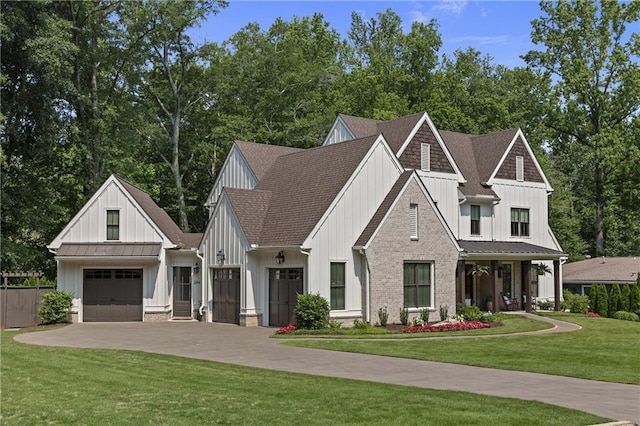 284 Hook St, Alpharetta, GA 30009 - modern farmhouse style home with board and batten siding, a standing seam roof, concrete driveway, a shingled roof, and metal roof