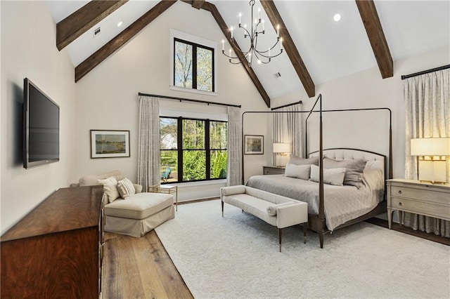 284 Hook St, Alpharetta, GA 30009 - bedroom featuring a chandelier, wood finished floors, high vaulted ceiling, beamed ceiling, and recessed lighting