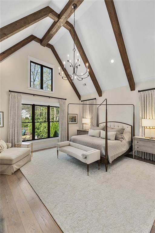 284 Hook St, Alpharetta, GA 30009 - bedroom featuring high vaulted ceiling, a chandelier, beam ceiling, wood finished floors, and recessed lighting