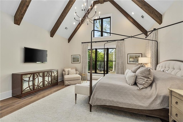 284 Hook St, Alpharetta, GA 30009 - bedroom with wood finished floors, a chandelier, high vaulted ceiling, beamed ceiling, and baseboards
