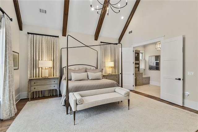 284 Hook St, Alpharetta, GA 30009 - bedroom featuring a chandelier, baseboards, beamed ceiling, wood finished floors, and high vaulted ceiling