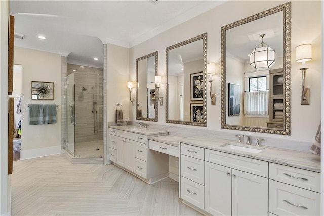 284 Hook St, Alpharetta, GA 30009 - bathroom with a stall shower, vanity, ornamental molding, recessed lighting, and baseboards