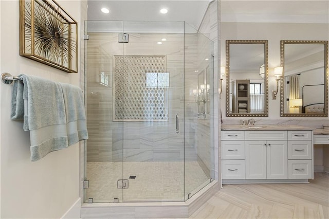 284 Hook St, Alpharetta, GA 30009 - bathroom featuring vanity, a shower stall, recessed lighting, and crown molding
